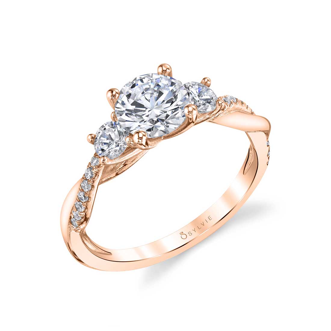 Evangeline Three Stone Diamond Engagement Ring with Spiral Band